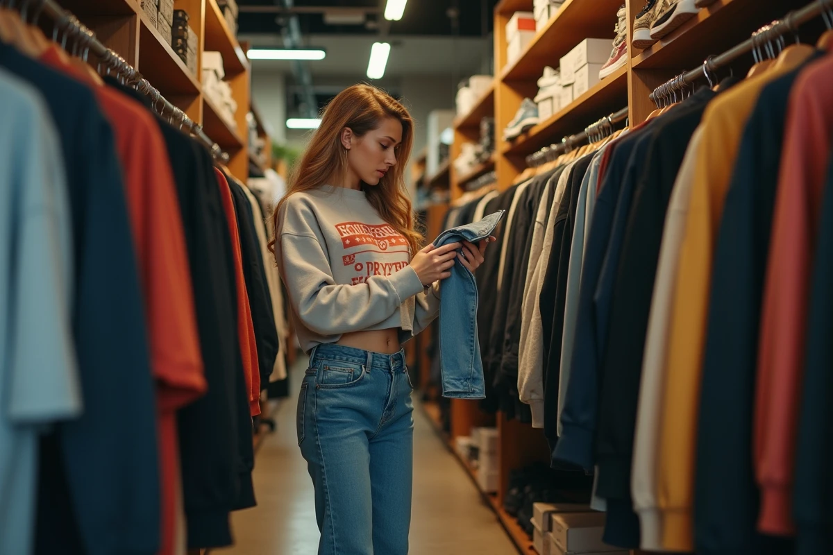 Jeune femme explorant des vêtements streetwear dans une boutique indépendante, symbolisant l'identité culturelle et l'expression personnelle au cœur de la sous-culture streetwear
