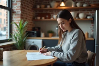 Jeune femme seule dans un appartement studio examinant un contrat de location
