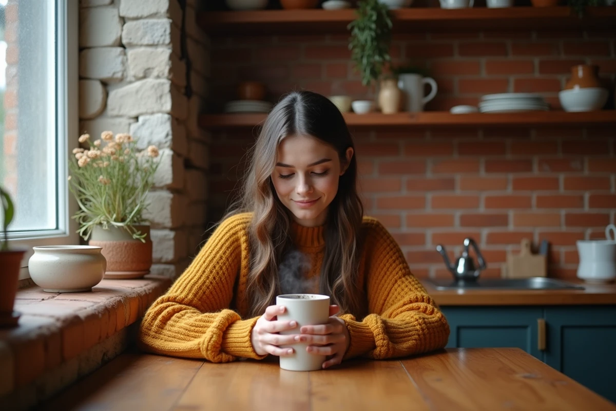 Jeune femme savourant une tasse de thé chaud avec pleine conscience dans une cuisine authentique aux tons chauds, moment de présence au quotidien