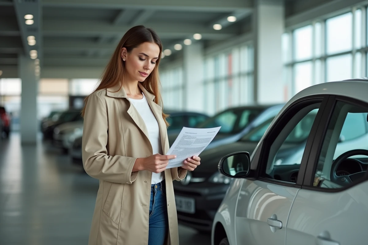 Femme comparant le rapport de kilométrage d'une voiture d'occasion dans une salle d'exposition automobile