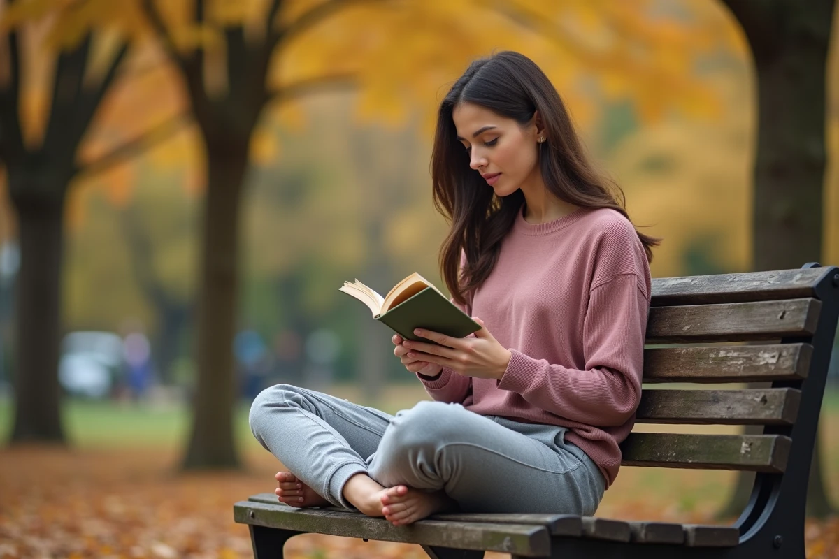 Femme en vêtements bambou et coton biologique assise sur un banc de parc en automne, lisant un livre dans une tenue saine et respirante au quotidien
