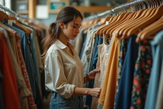 Jeune femme explorant des vêtements d'occasion dans une friperie vintage aux tons chaleureux
