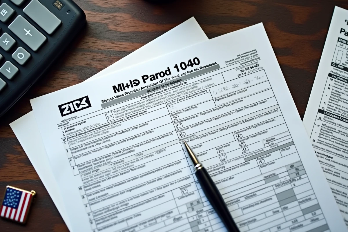 Vue de dessus du formulaire fiscal américain 1040 avec calculatrice et relevé W-2 sur un bureau en bois, symbolisant le système d'imposition aux États-Unis