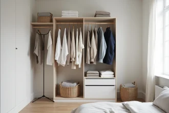 Garde-robe minimaliste ouverte avec une trentaine de vêtements soigneusement organisés en palette neutre dans une chambre scandinave