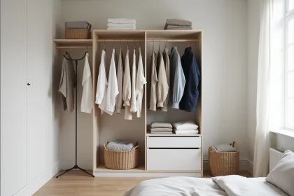 Garde-robe minimaliste ouverte avec une trentaine de vêtements soigneusement organisés en palette neutre dans une chambre scandinave