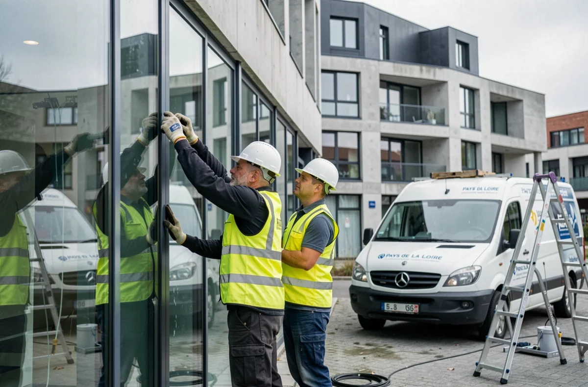 Deux vitriers de GCMA en gilets haute visibilité installant une grande façade vitrée commerciale sur un bâtiment moderne en Pays de la Loire