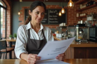 Gérante de café consultant des documents administratifs pour l'ouverture de son établissement
