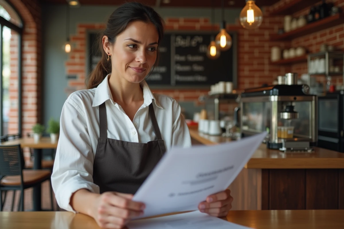 Gérante de café consultant des documents administratifs pour l'ouverture de son établissement