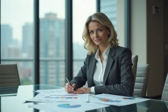 Gestionnaire d'actifs professionnelle analysant des portefeuilles financiers dans un bureau moderne en verre