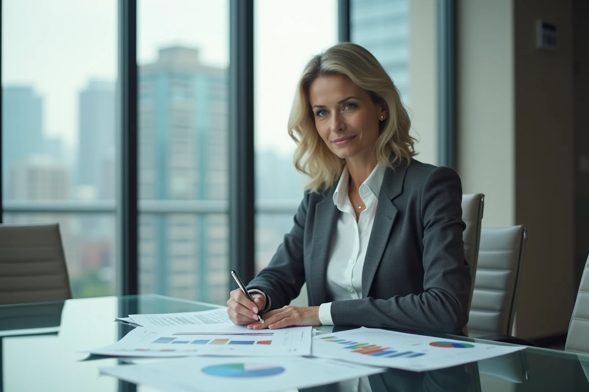Gestionnaire d'actifs professionnelle analysant des portefeuilles financiers dans un bureau moderne en verre