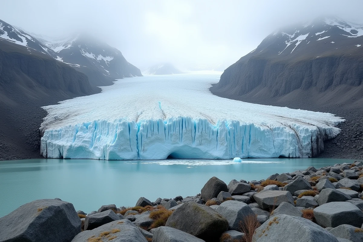 Glacier en fonte dans un paysage de montagne subarctique révélant les effets du réchauffement climatique sur les glaces