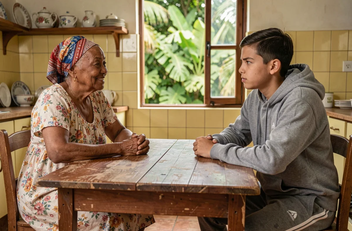 Grand-mère guadeloupéenne en tenue traditionnelle discutant avec son petit-fils adolescent dans une cuisine créole, symbolisant le fossé linguistique intergénérationnel