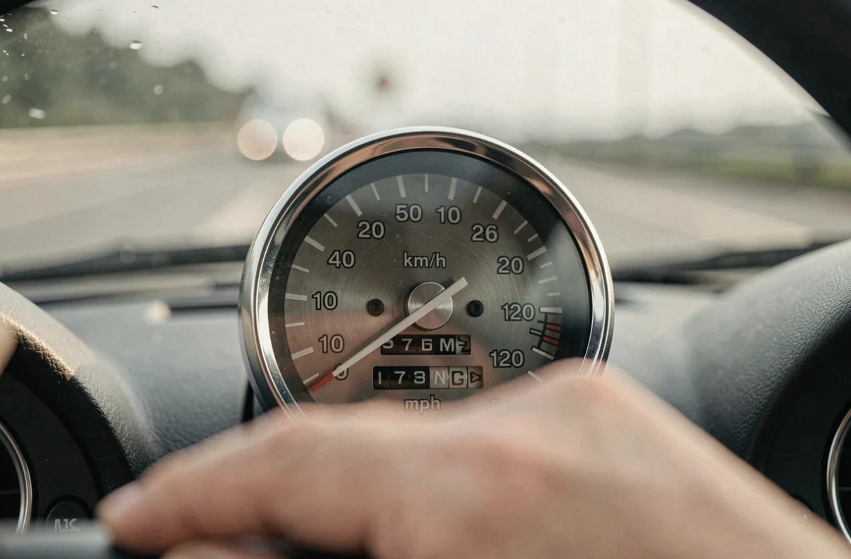Gros plan sur un compteur de vitesse affichant simultanément les kilomètres et les miles par heure dans un véhicule