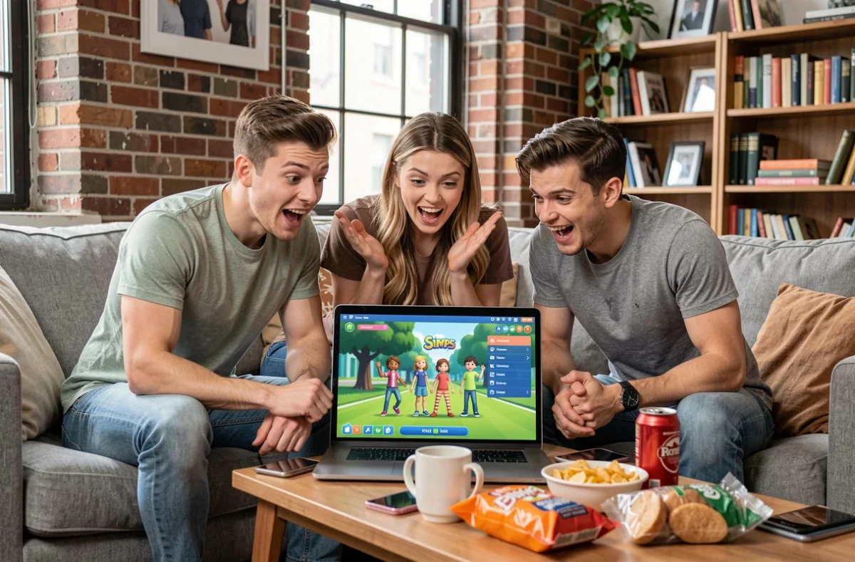 Groupe d'amis réagissant ensemble à un jeu de simulation de vie sur ordinateur portable dans un salon d'appartement