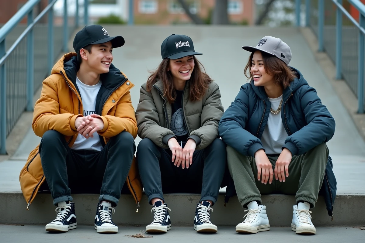 Groupe de jeunes adultes en streetwear réunis dans un skatepark urbain, illustrant la dimension sociale et communautaire de la sous-culture streetwear