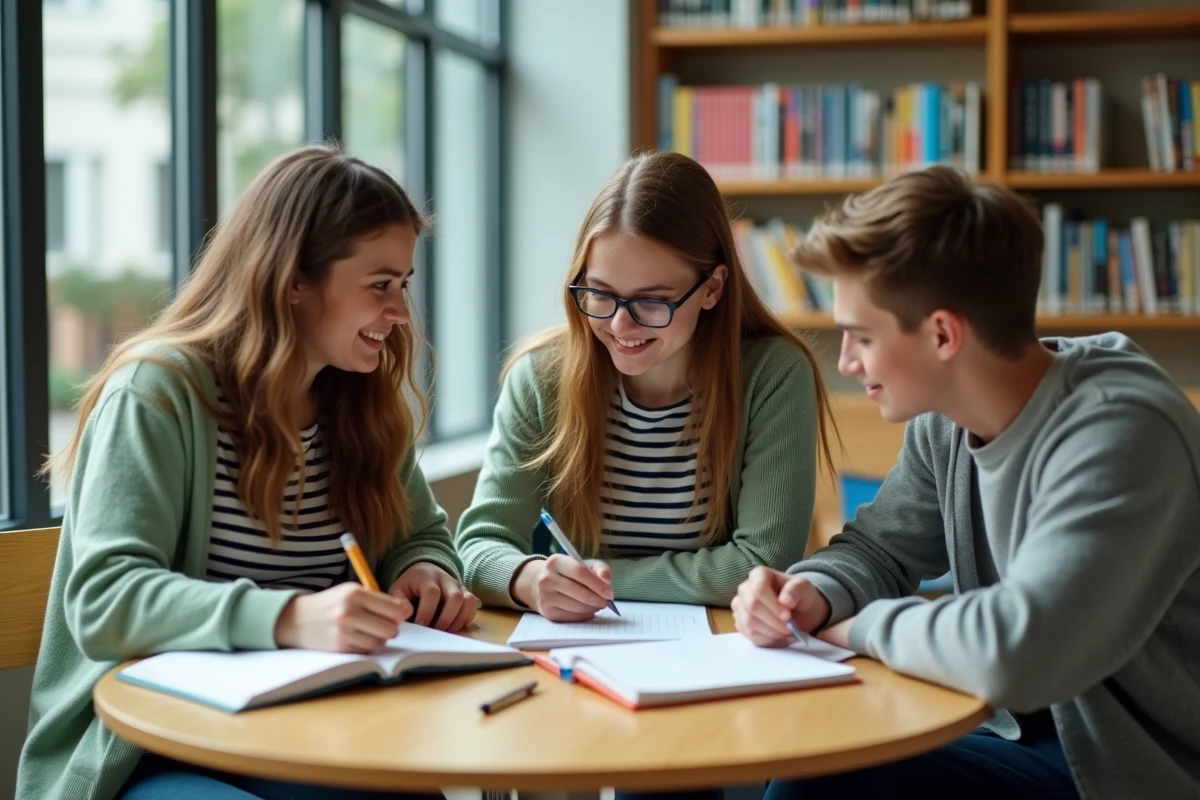 Groupe de lycéens comparant des programmes de spécialités autour d'une table dans une bibliothèque scolaire