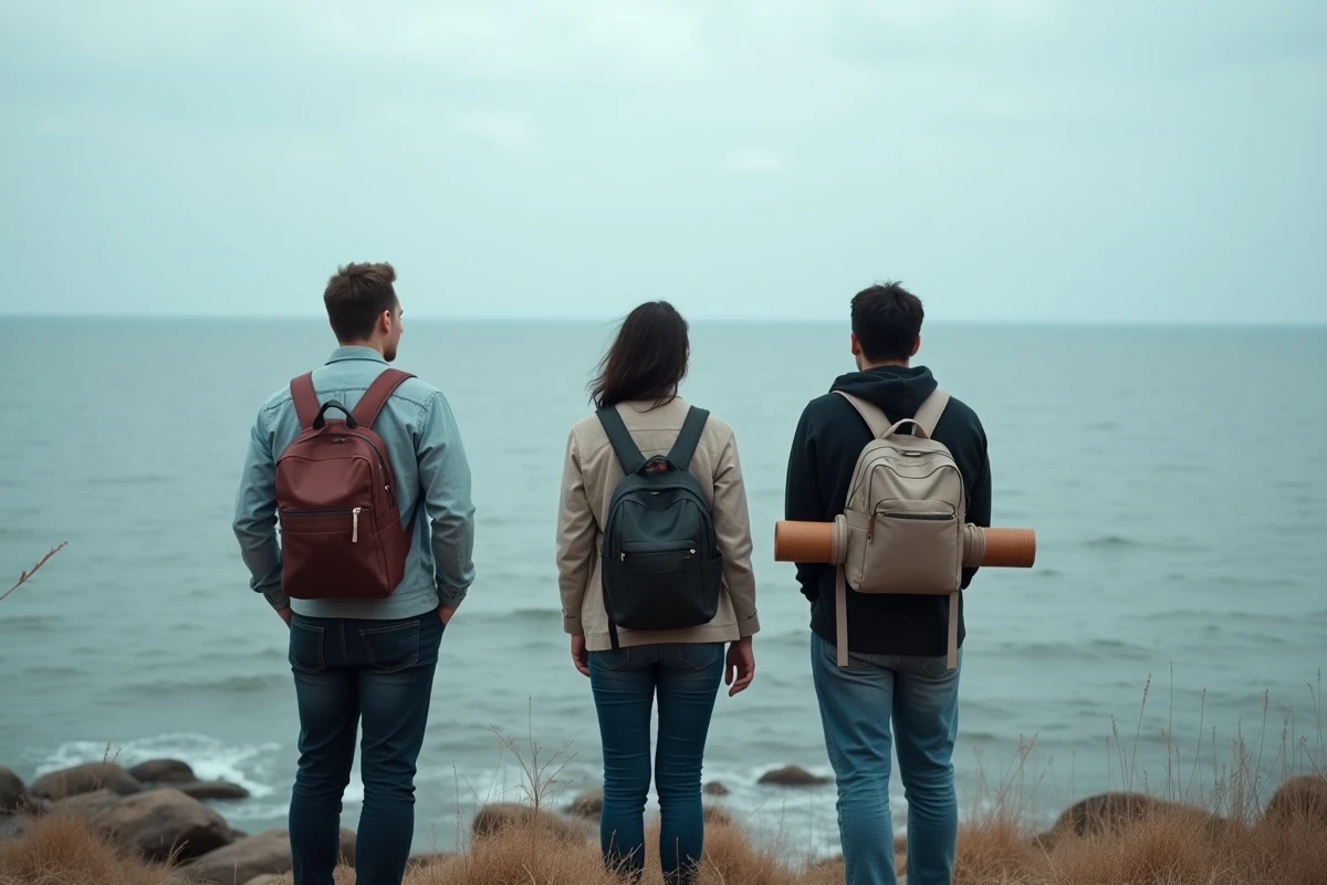 Groupe de migrants regardant la mer depuis une côte rocheuse, symbolisant l'espoir et le danger des traversées migratoires