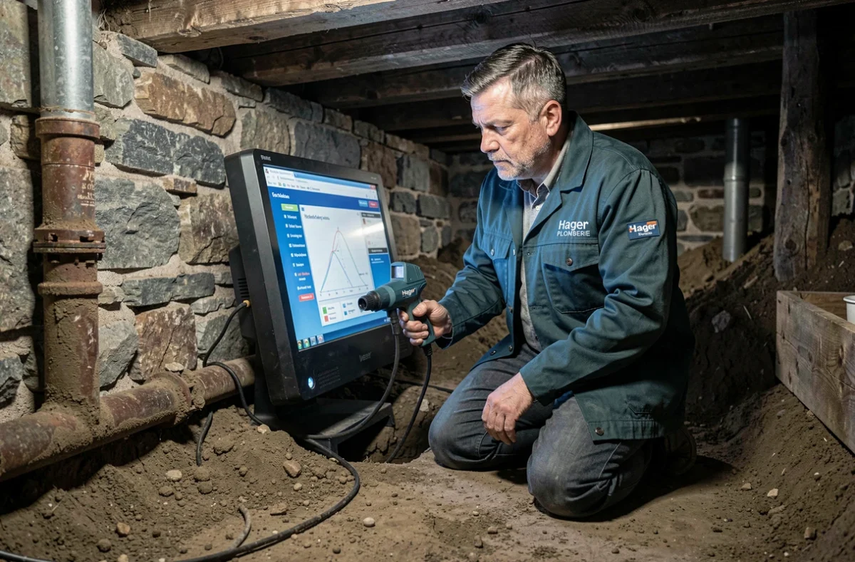 Technicien de Hager Plomberie utilisant une caméra d'inspection pour diagnostiquer un problème de drainage sous une maison alsacienne
