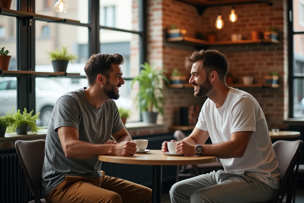 Deux amis de morphologies différentes riant ensemble dans un café, illustrant la diversité corporelle et l'estime de soi