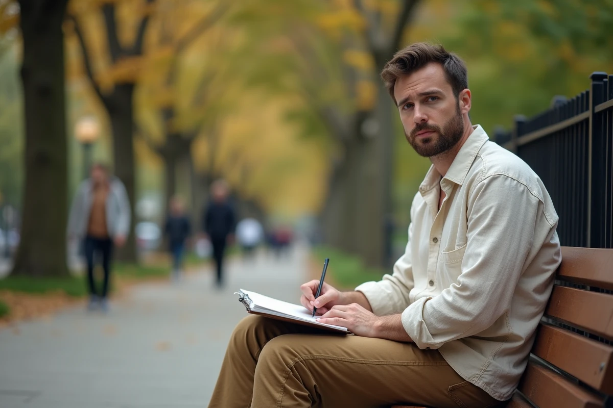 Homme assis dans un parc urbain écrivant dans un carnet, symbole de réflexion personnelle et d'épanouissement