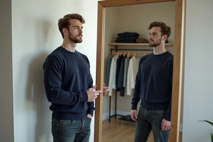 Jeune homme confiant se regardant dans un miroir, illustrant l'acceptation de soi et le rapport au corps