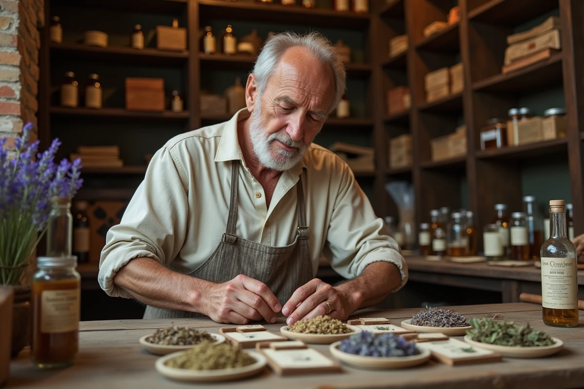 Herboriste âgé arrangeant des plantes médicinales et des images de saints guérisseurs dans une apothicairerie traditionnelle
