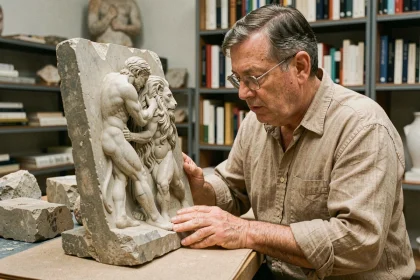 Historien examinant un bas-relief antique représentant Hercule combattant le lion de Némée dans un laboratoire de conservation muséale