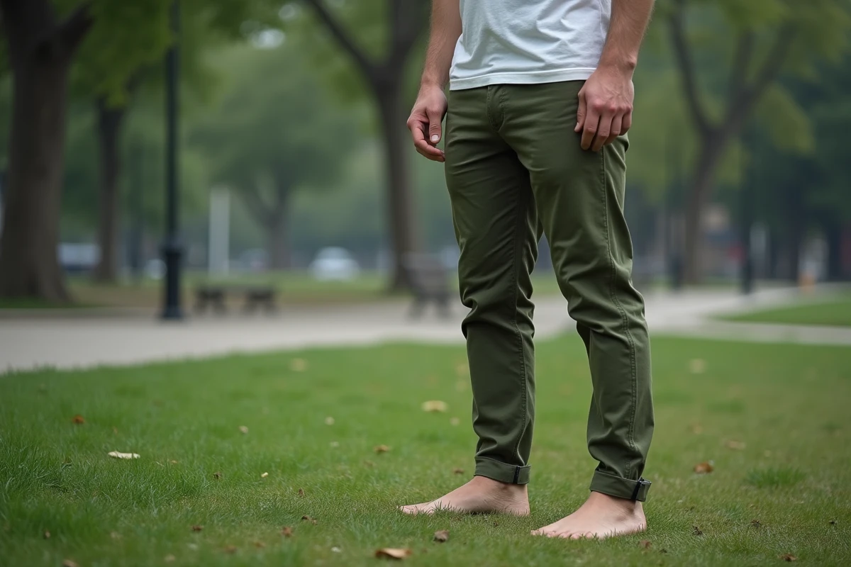 Homme debout pieds nus sur l'herbe dans un parc urbain pratiquant une technique d'ancrage