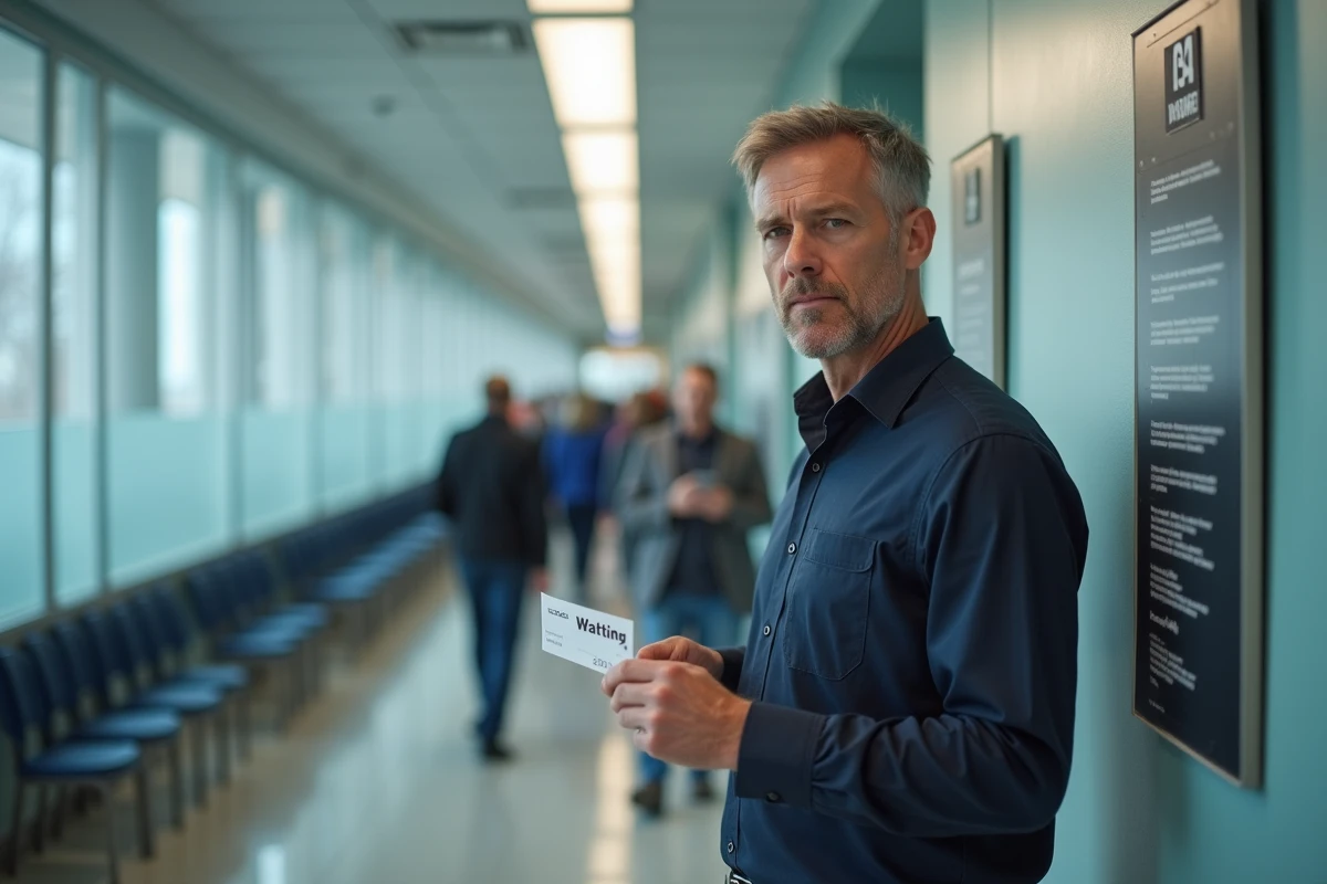 Homme adulte attendant son tour dans un couloir d'administration publique avec un ticket de priorité pour une démarche d'adoption