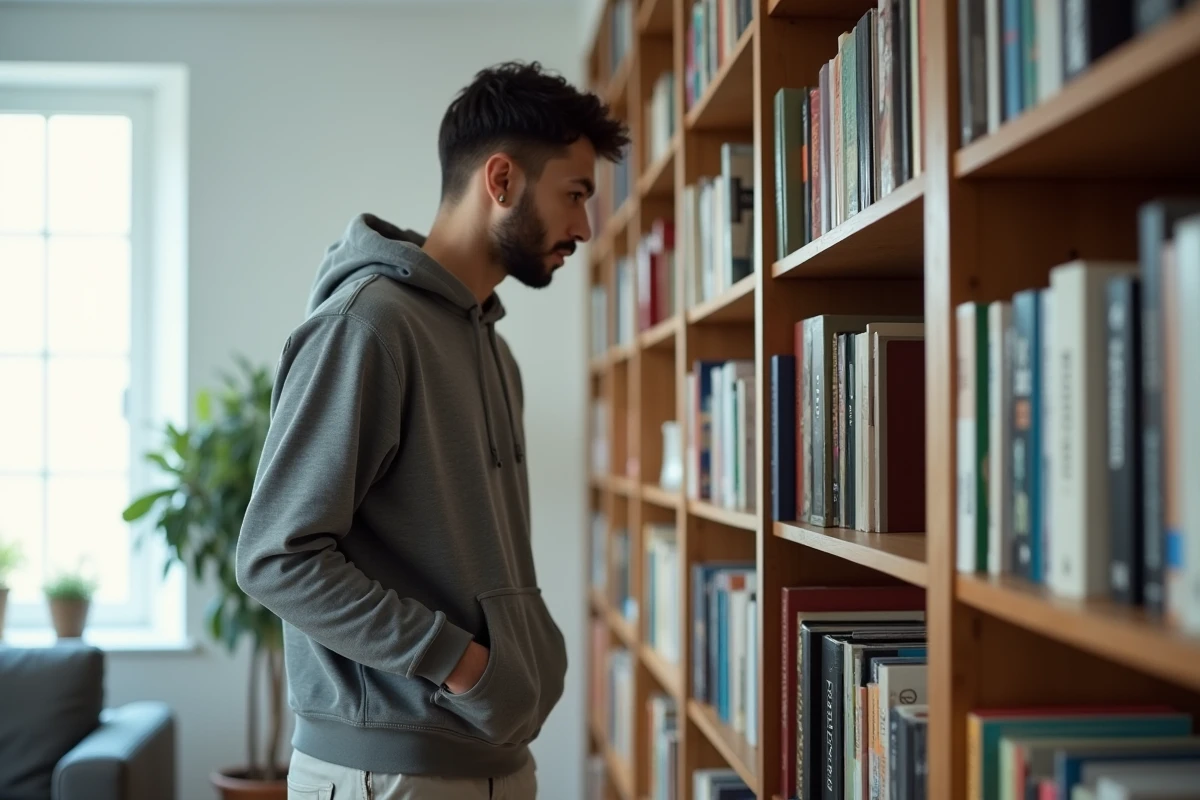 Jeune homme explorant une bibliothèque chez lui, représentant la quête de compréhension des identités sexuelles telles que l'asexualité