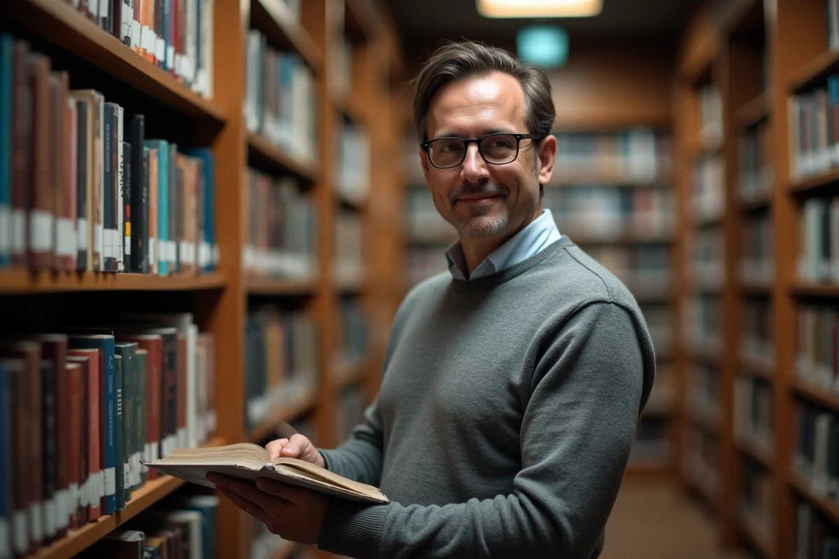 Homme recherchant des informations sur les lois du droit d'auteur dans une bibliothèque publique