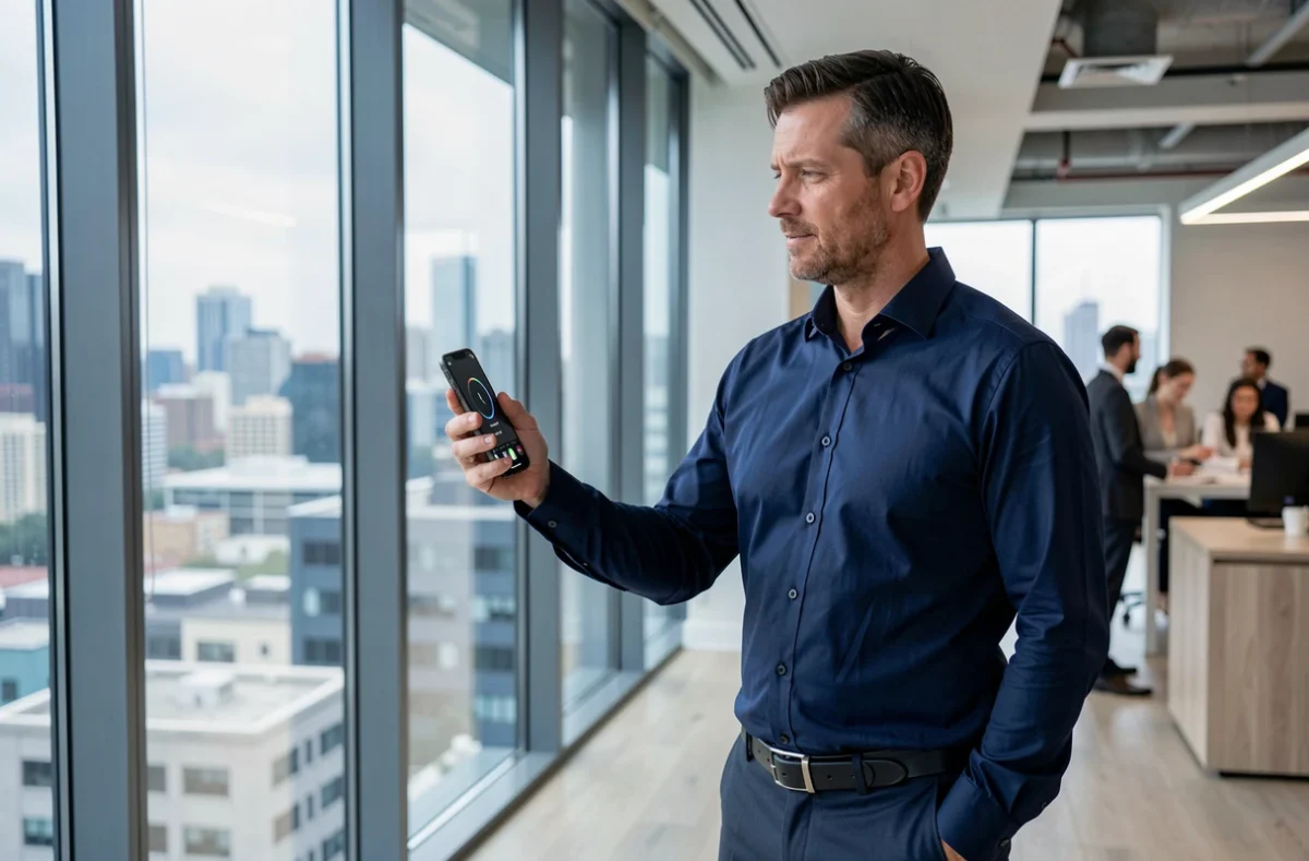 Homme en tenue professionnelle regardant son téléphone affichant 16h16 devant une fenêtre de bureau, évoquant un moment de réflexion spirituelle au quotidien
