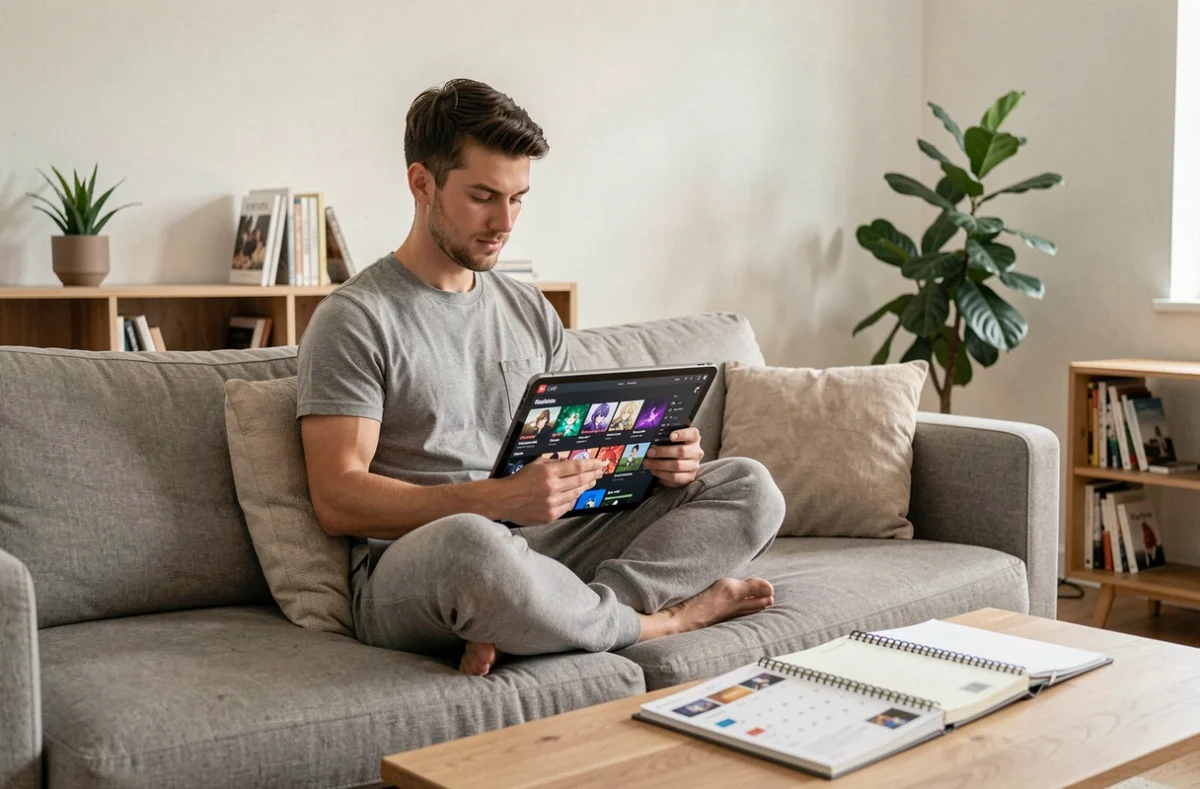 Jeune homme consultant un calendrier de diffusion Anime Sama sur une tablette dans un salon minimaliste