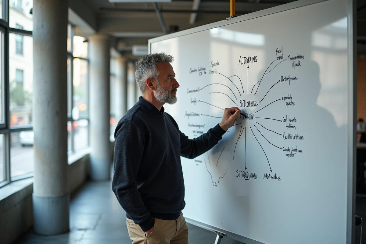 Homme dessinant une carte mentale sur un tableau blanc dans un espace de coworking, représentant la démarche réflexive et autodirigée propre à l'heutagogie