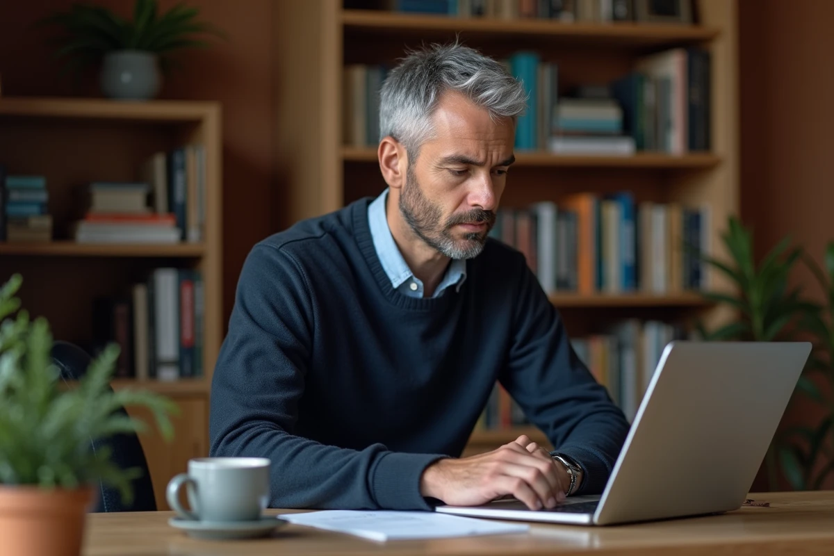 Homme remplissant une demande d'autorisation de voyage ETIAS en ligne sur son ordinateur portable depuis son bureau à domicile