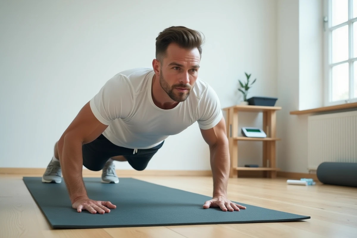 Homme musclé faisant une planche abdominale sur tapis de yoga dans salle de sport à domicile