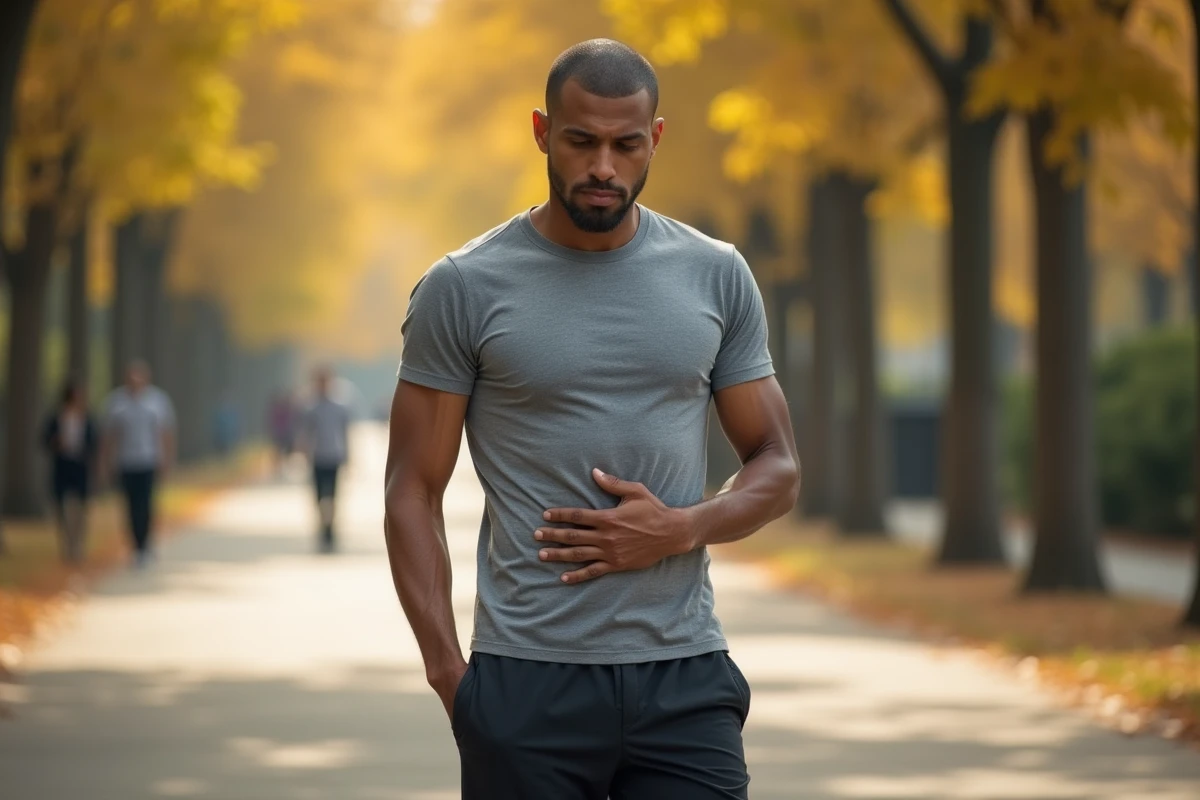 Homme en tenue sportive dans un parc automnal posant la main sur son ventre, illustrant la sensation de faim après l'effort physique