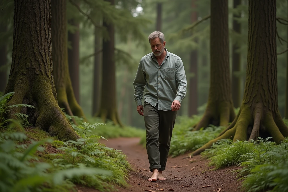 Homme marchant en pleine conscience sur un sentier forestier entouré de fougères et d'arbres, pratique du mindfulness en plein air