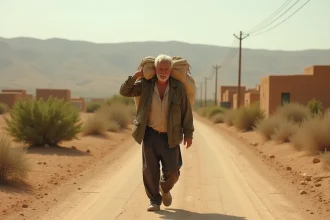 Homme migrant marchant seul sur une route aride avec ses affaires, illustrant les causes des migrations économiques et climatiques