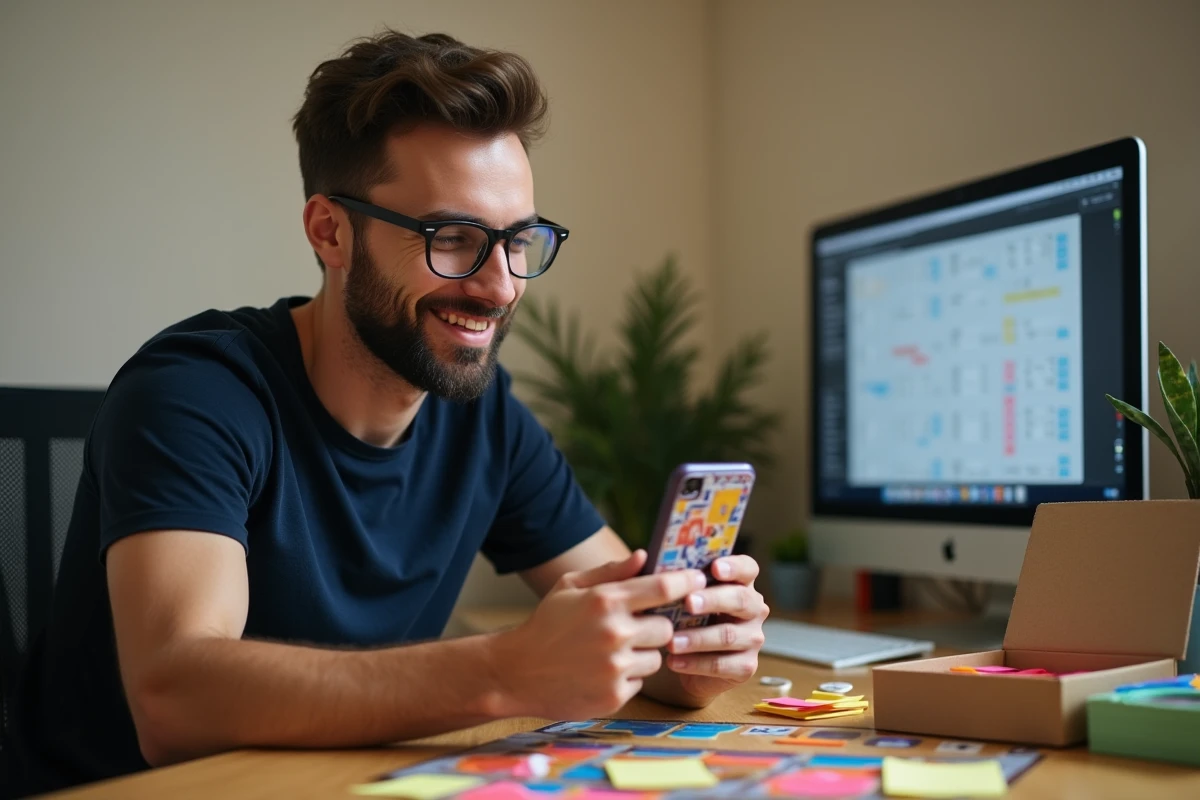 Homme en lunettes rondes jouant à Monopoly GO sur smartphone dans un bureau à domicile, entouré de notes et d'un plateau de jeu