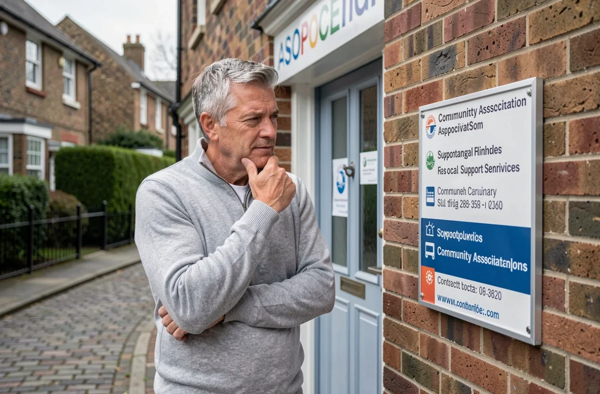 Un homme consultant un panneau d'informations à l'entrée d'une association Oasis de quartier pour trouver des structures d'aide locale