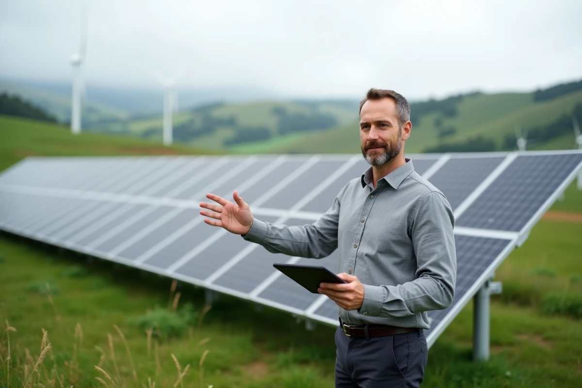 Homme debout devant des panneaux solaires en campagne tenant une tablette avec données ESG pour illustrer l'investissement durable