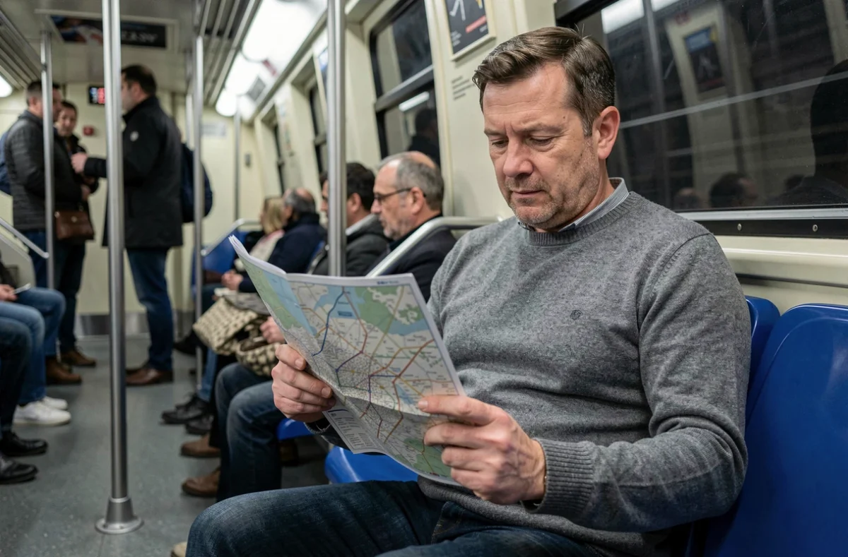 Homme lisant un plan papier du métro de Toulouse assis dans une rame en mouvement