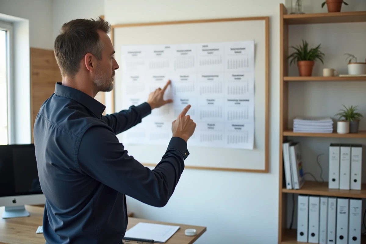 Homme en bureau à domicile consultant un grand planning mural avec numéros de semaines paires et impaires 2026