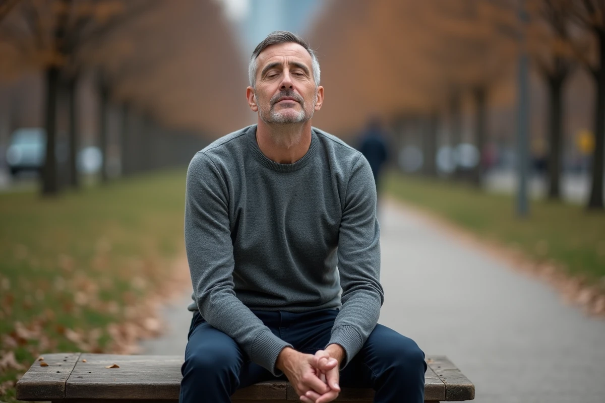 Homme pratiquant la pleine conscience sur un banc dans un parc en automne, les yeux fermés et l'expression sereine