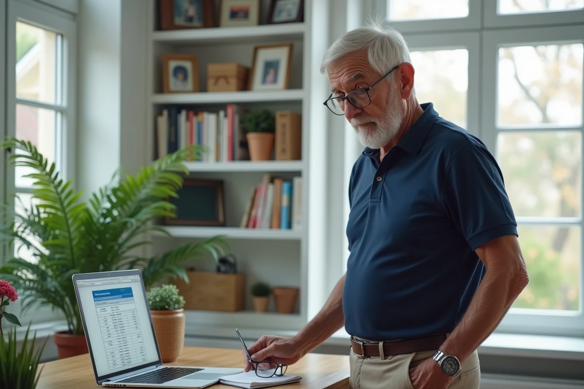 Homme retraité debout dans son bureau à domicile consultant un tableau de bord de retraite sur ordinateur portable
