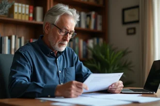 Un homme de 62 ans examine des documents de retraite du secteur privé à son bureau à domicile