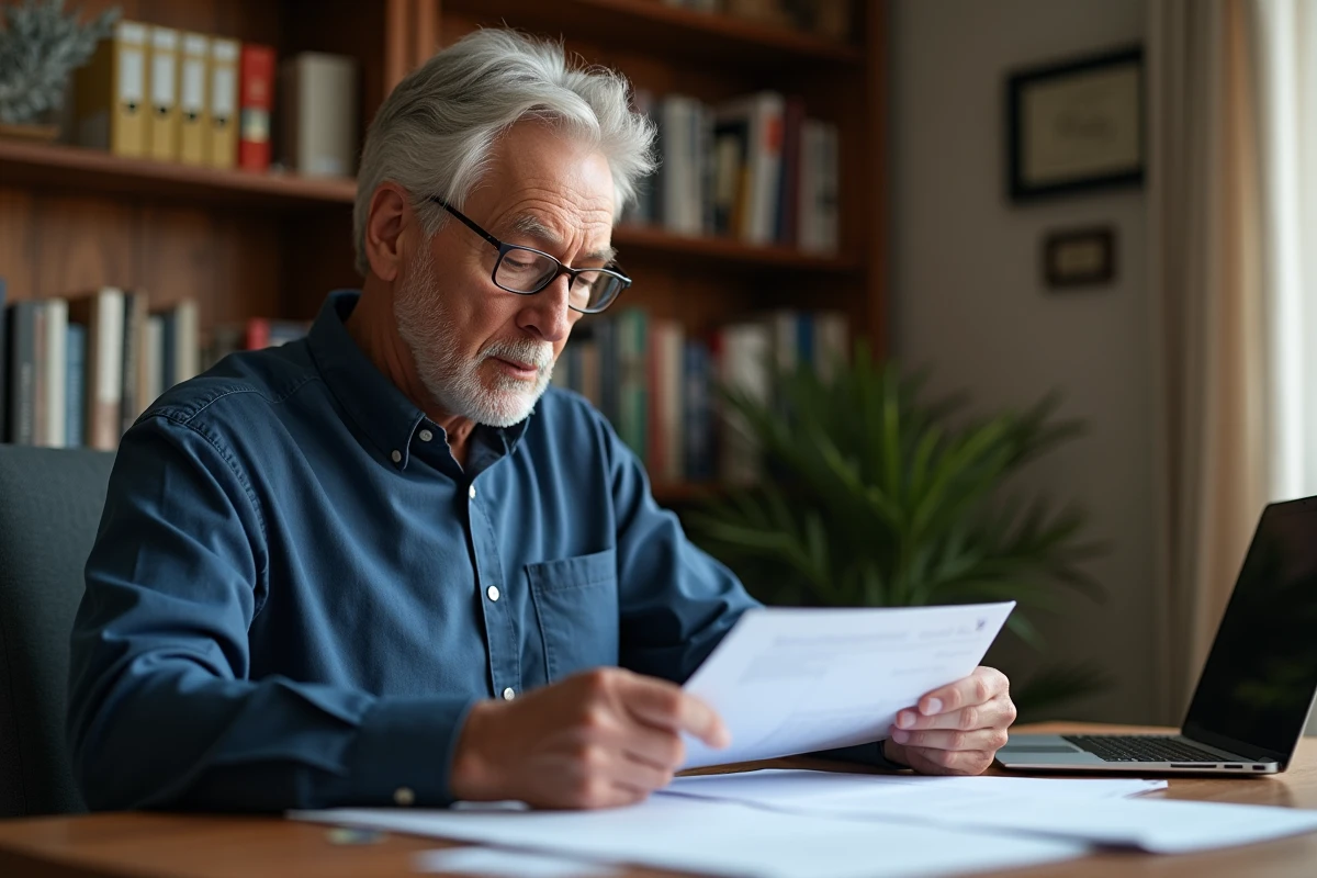 Un homme de 62 ans examine des documents de retraite du secteur privé à son bureau à domicile