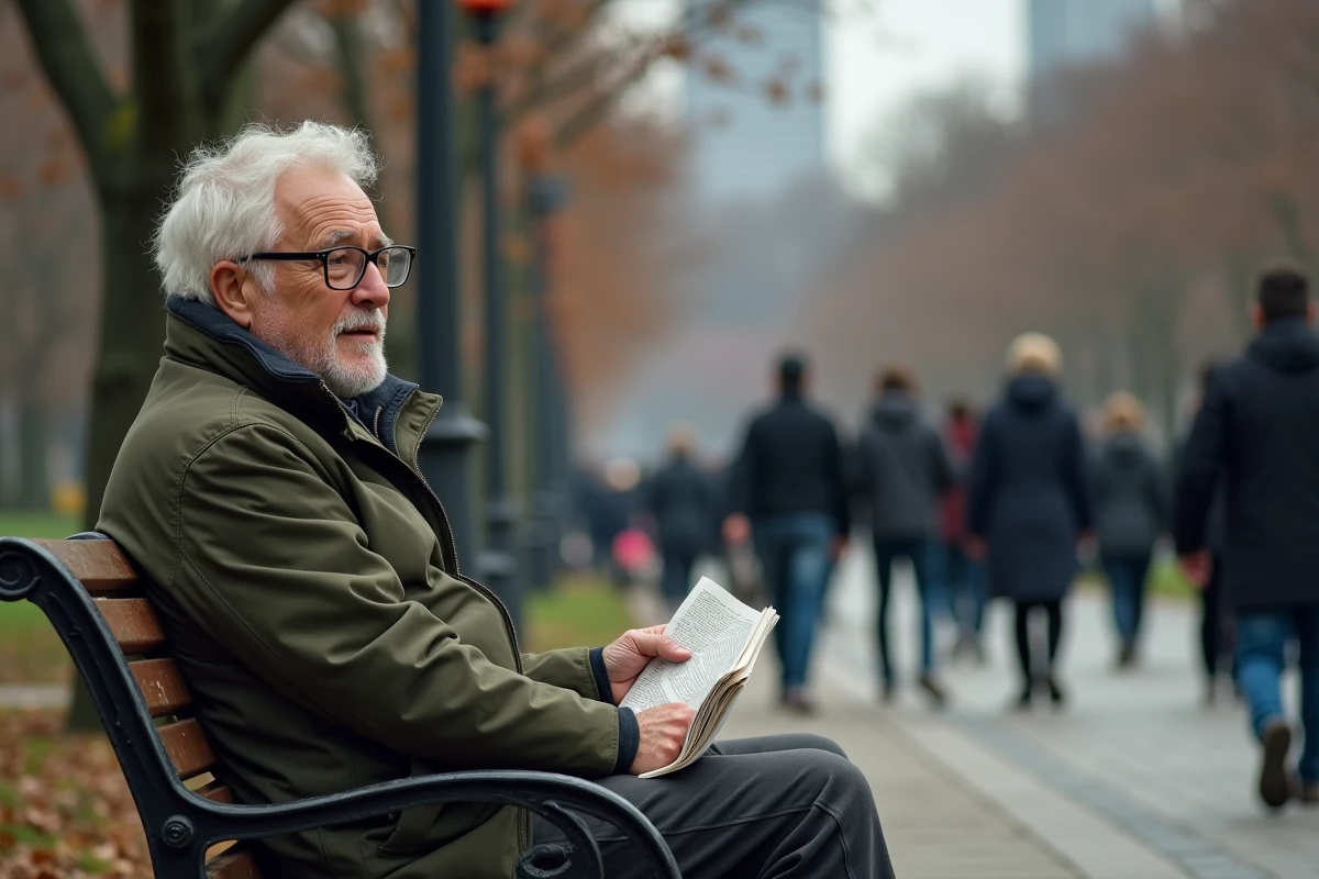 Homme d'âge mûr seul sur un banc de parc entouré de passants indifférents, évoquant la solitude et l'isolement social