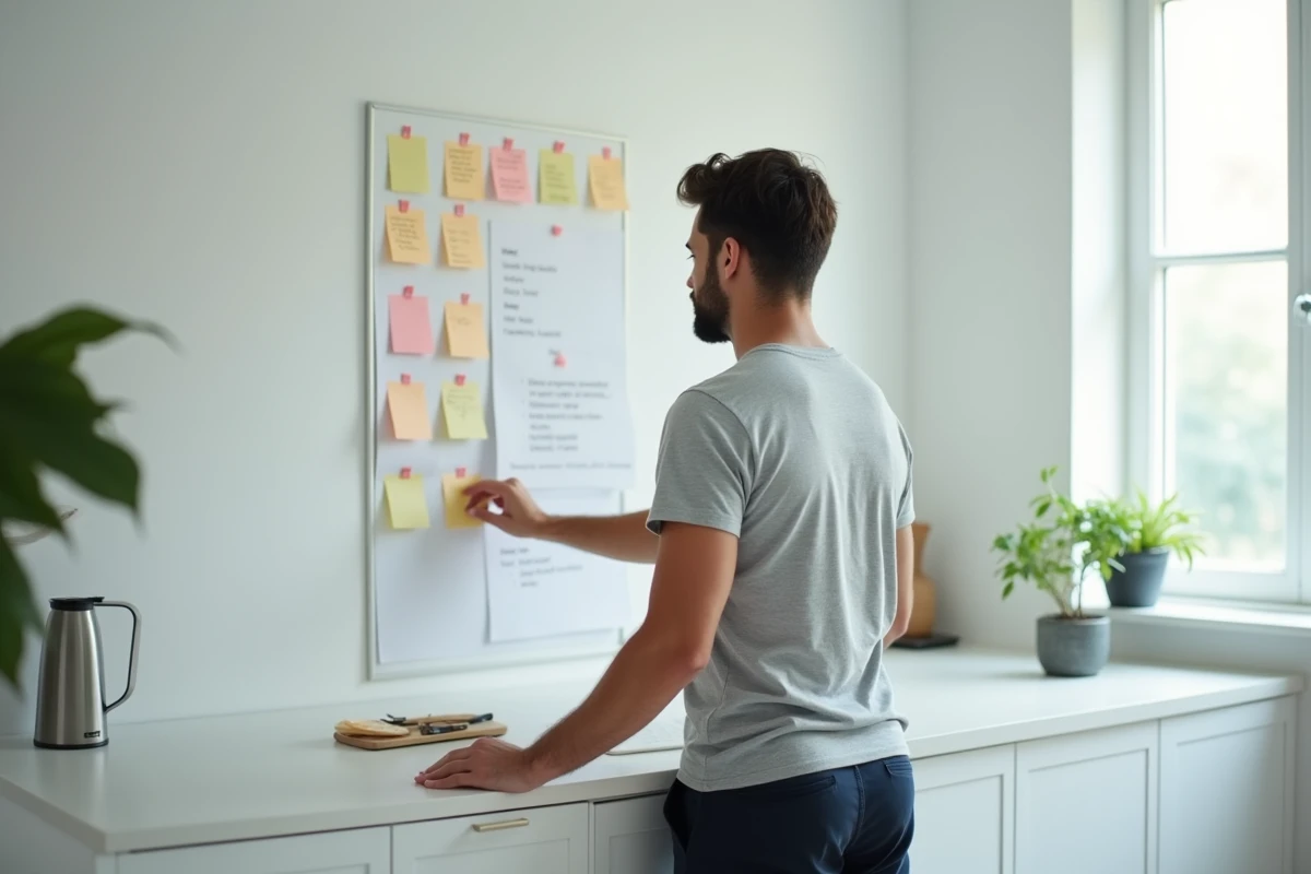 Homme consultant un tableau de tâches avec des sticky notes colorées dans une cuisine moderne